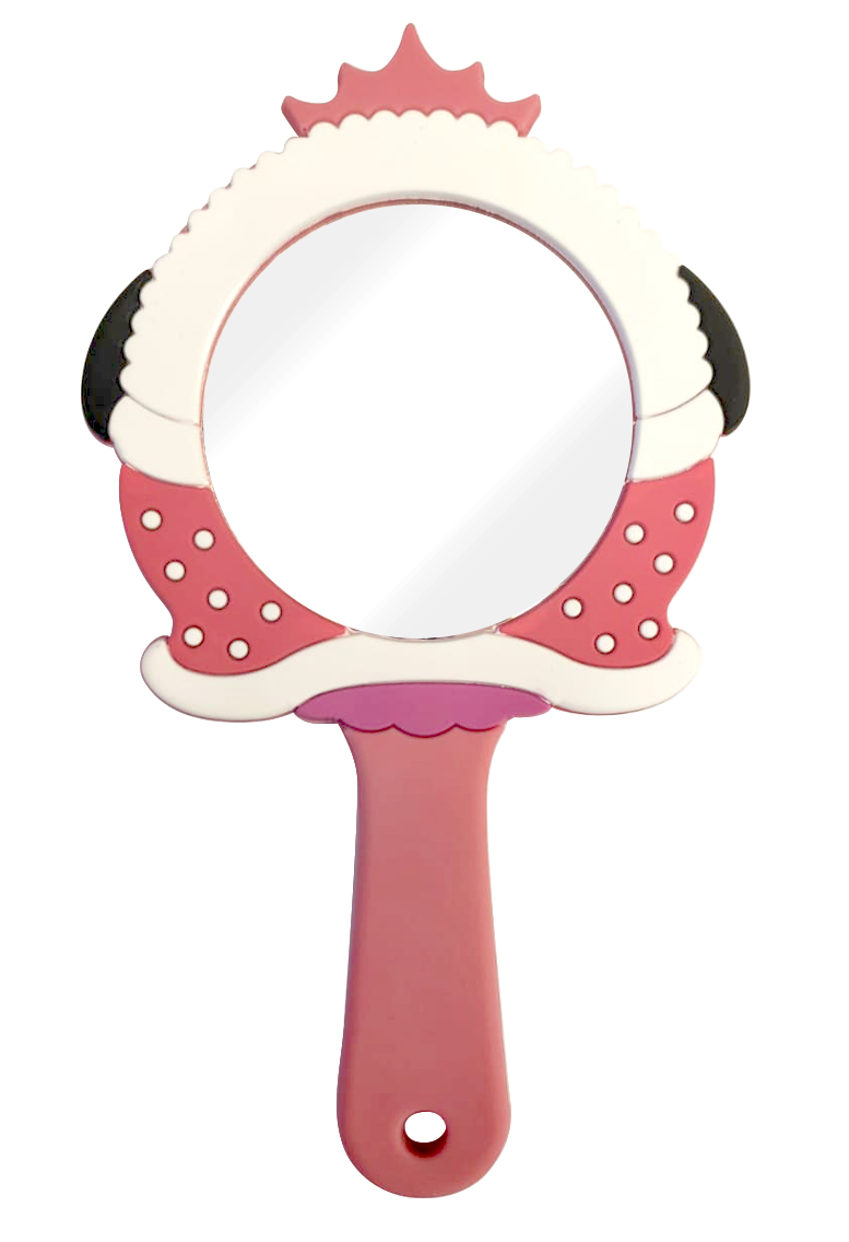 Pink and white flamingo-themed hand mirror.