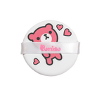 White makeup puff with pink bear illustration and ribbon.