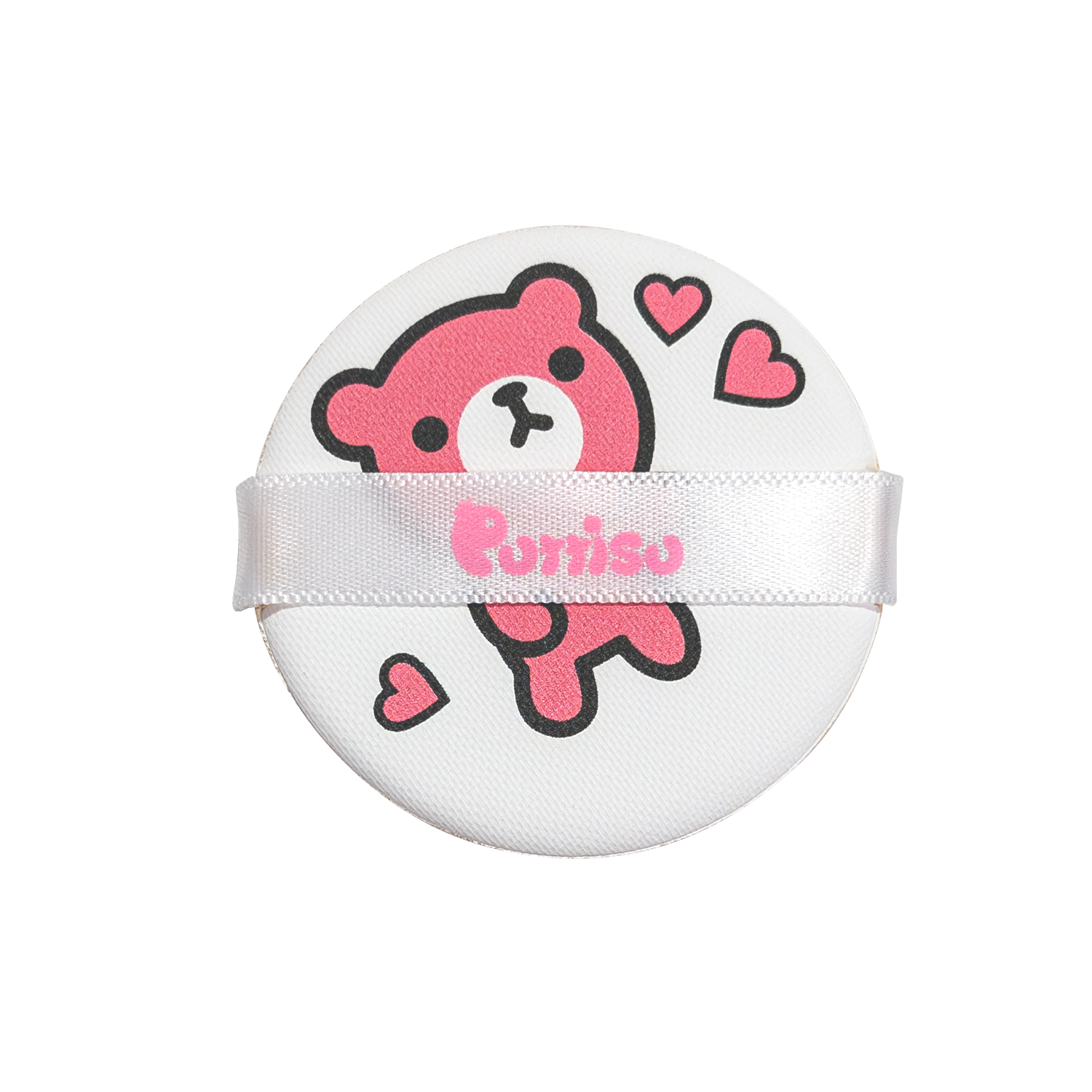 White makeup puff with pink bear illustration and ribbon.