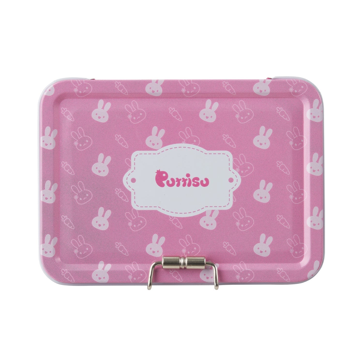 Pink metal box with bunny and carrot pattern.