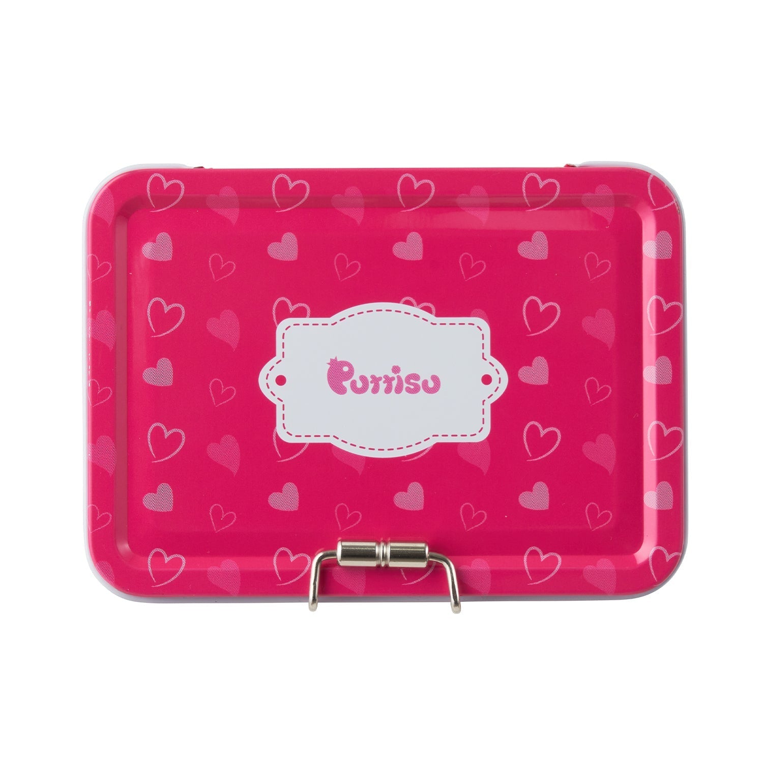 Pink metal box with heart pattern and latch.