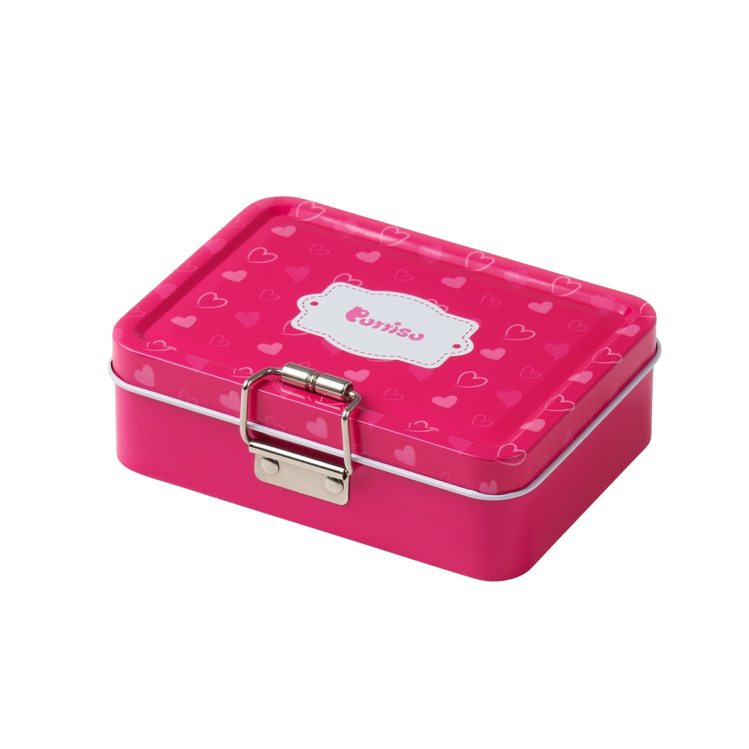 Pink metal lunchbox with heart design.