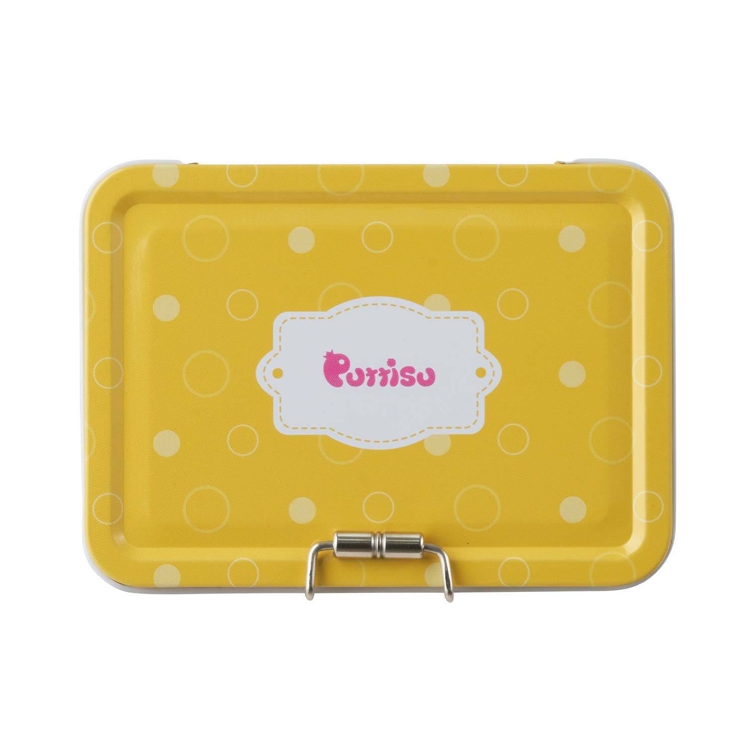 Yellow tin container with circles and polka dots.