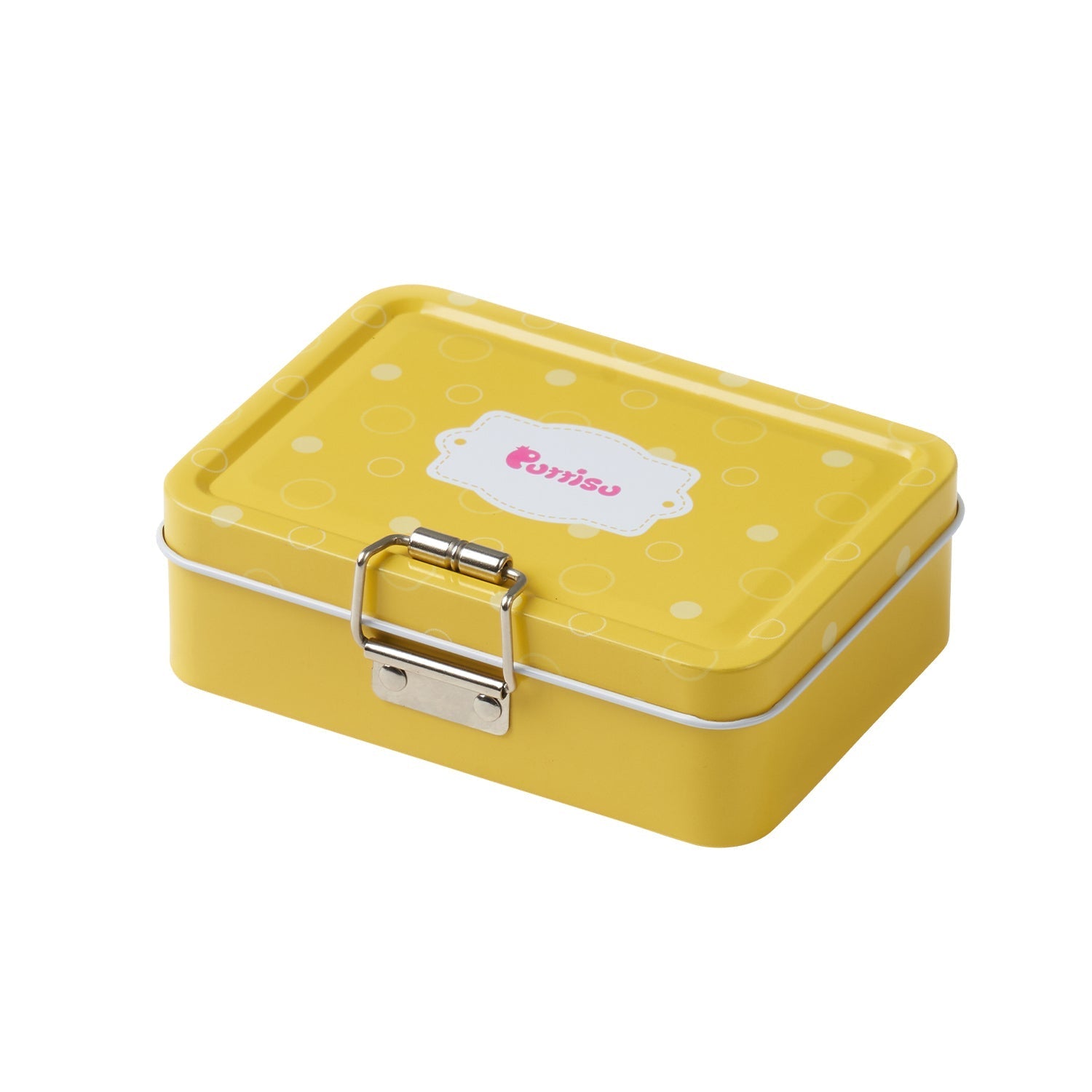 Yellow metal lunchbox with white polka dots.