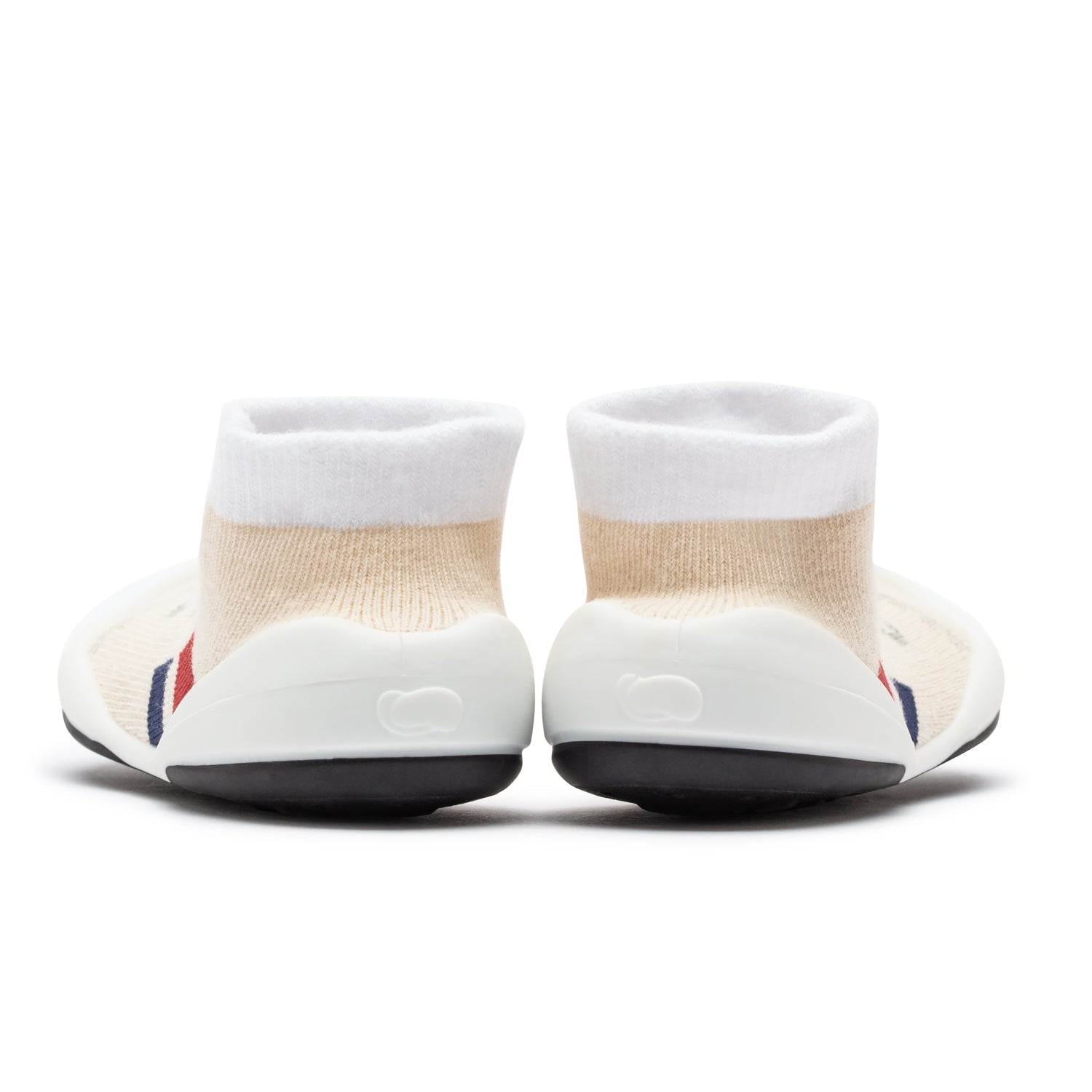 Two baby sock shoes, rear view, white and beige.