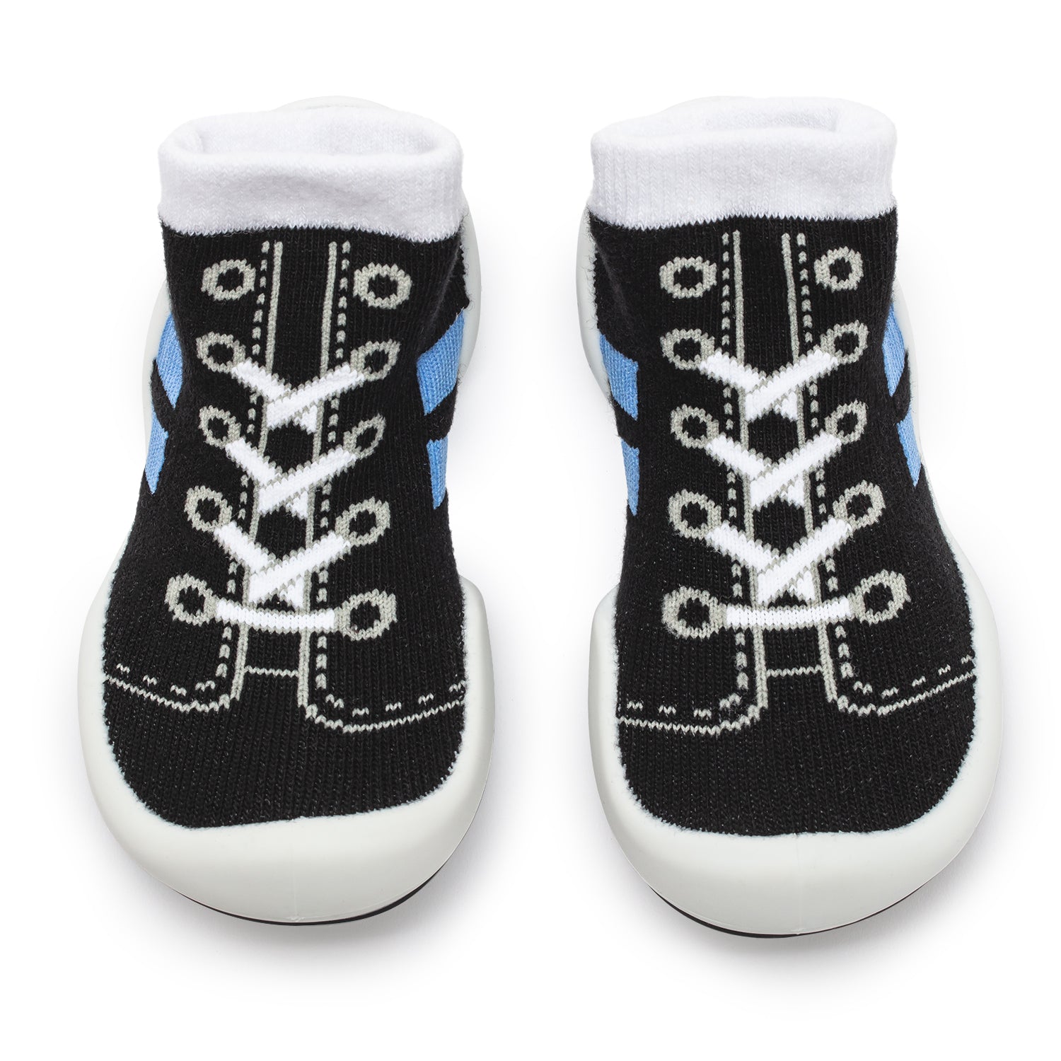 Two black and white sock-shoes with blue accents and white soles.