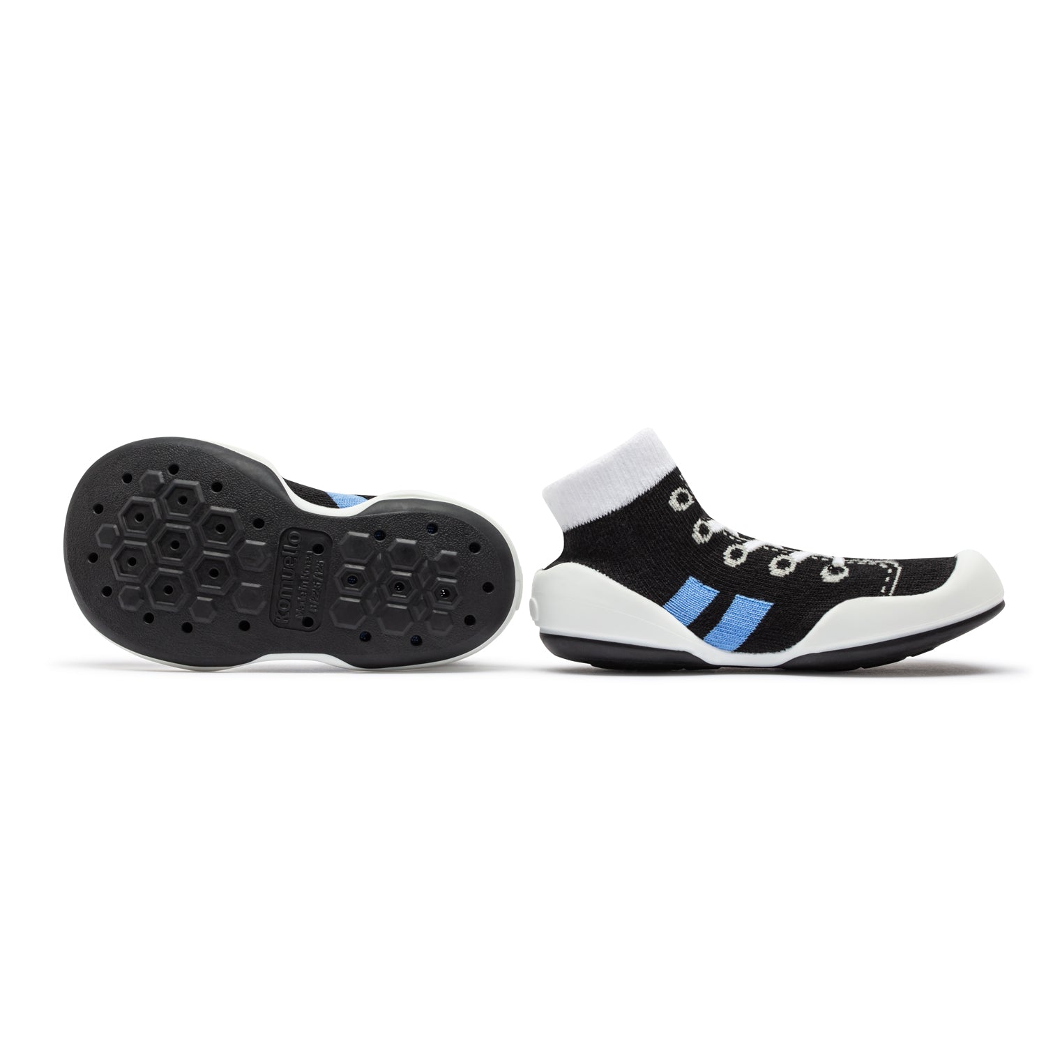 Pair of black and blue baby shoes with white soles.