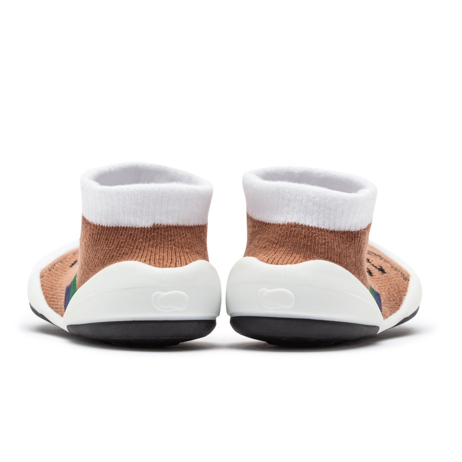 Two brown and white baby shoe-socks, shown from the back.