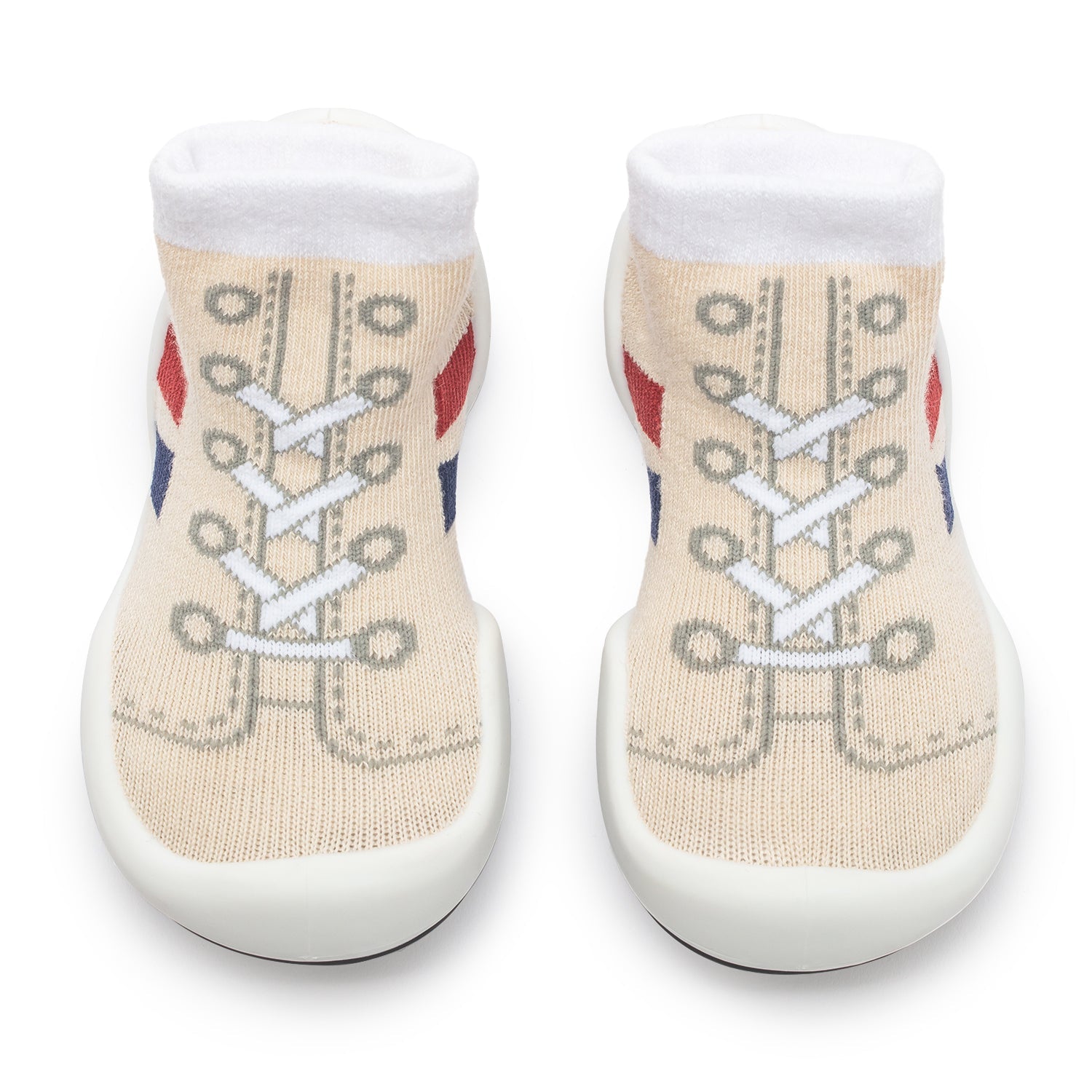 Two baby sock shoes with a shoe design printed on them.
