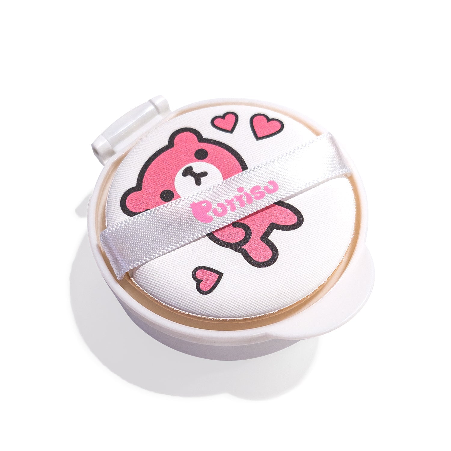 White compact with a pink bear and hearts.