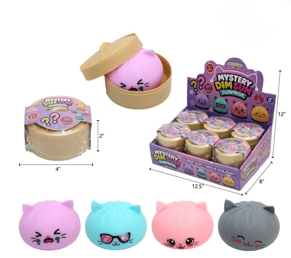 Mystery Dim Sum Surprise toy set shown with individual wrapped containers, a retail display box, and four squishy cat-face toys below. The image includes dimension callouts for the display and single container.
