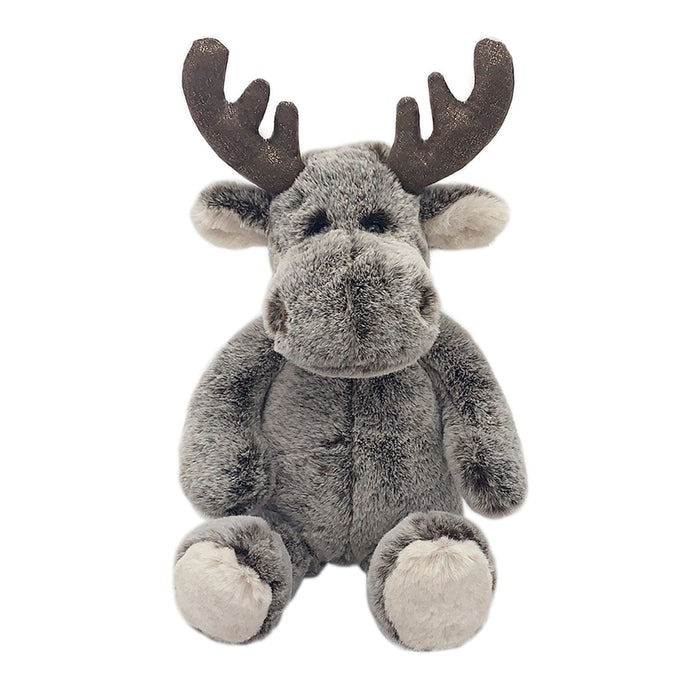 Plush moose toy with gray fur and brown antlers on a white background