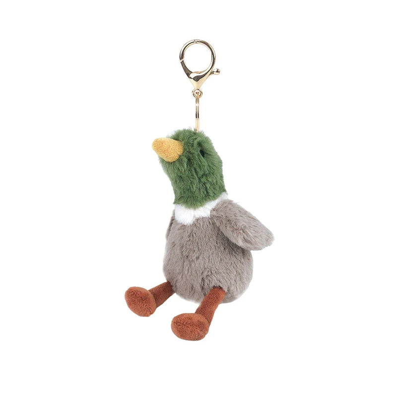 Plush duck keychain with green head and brown feet on a white background