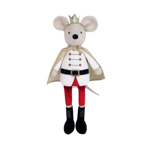 Stuffed mouse in a white coat, red leggings, black boots, and gold cape with a crown.