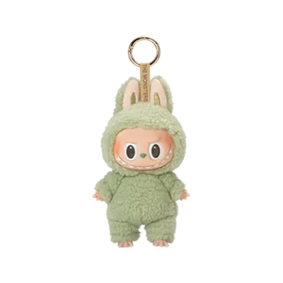 Green, fuzzy, bunny-eared monster doll with key ring.
