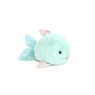 Plush toy resembling a green creature with pink accents on a white background
