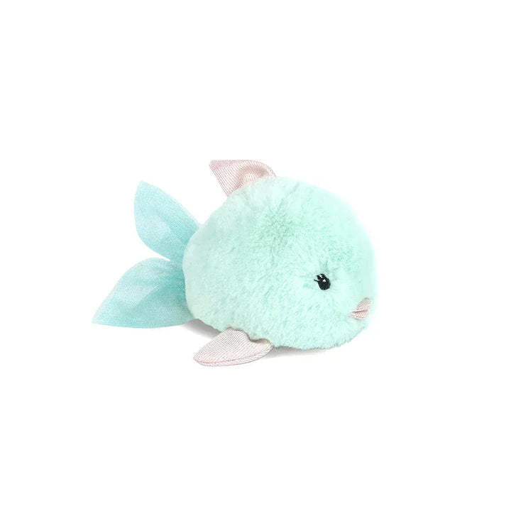 Plush toy resembling a green creature with pink accents on a white background
