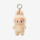 Plush keychain toy in a bunny suit.