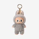Gray, furry keychain doll wearing a bunny outfit.