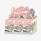 Display case of "The Monsters Exciting Macaron Vinyl Face" blind box toys.