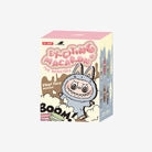 Product packaging for a "POP MART THE MONSTERS" collectible toy, featuring a cartoon monster wearing a bunny costume with the text "EXCITING MACARON" and "Vinyl Face" on a white background.