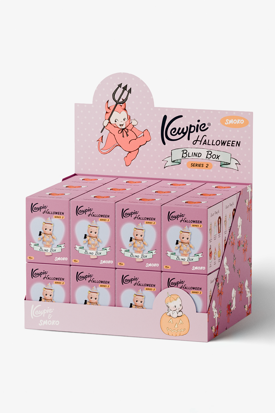 A retail display box filled with multiple pink Kewpie Halloween Series 2 blind boxes, featuring a cartoon devil cat character and the text 'Kewpie Halloween Blind Box Series 2' on a clean white background.