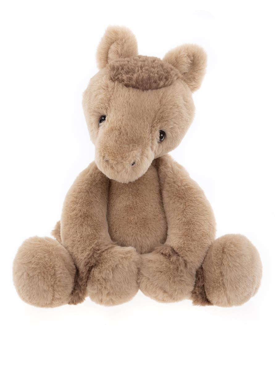 Plush horse toy with a brown mane on a white background