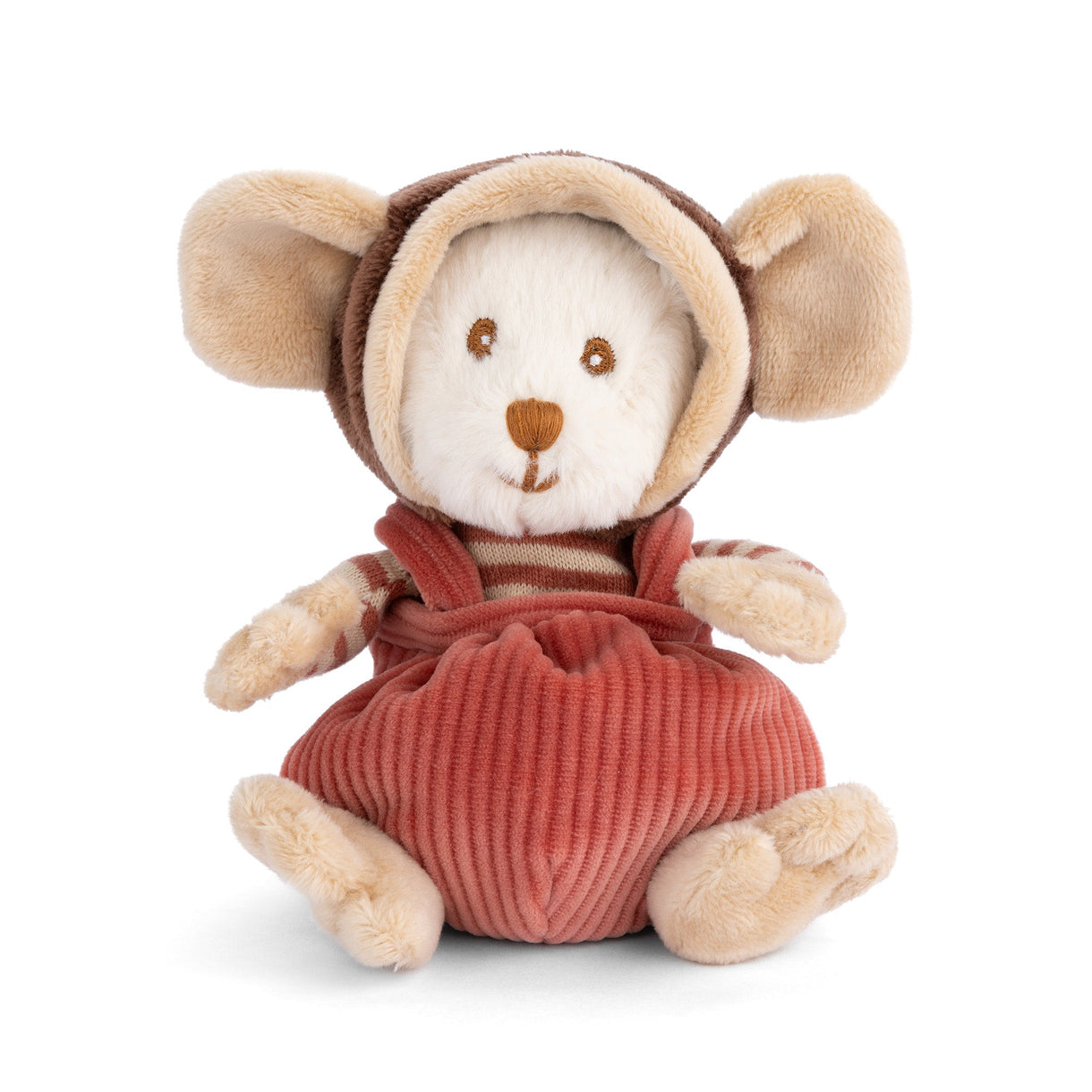 Stuffed toy mouse in a brown hood and red outfit on a white background