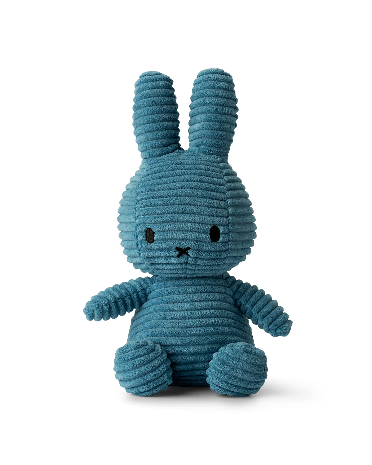 Blue corduroy bunny stuffed animal sitting upright.
