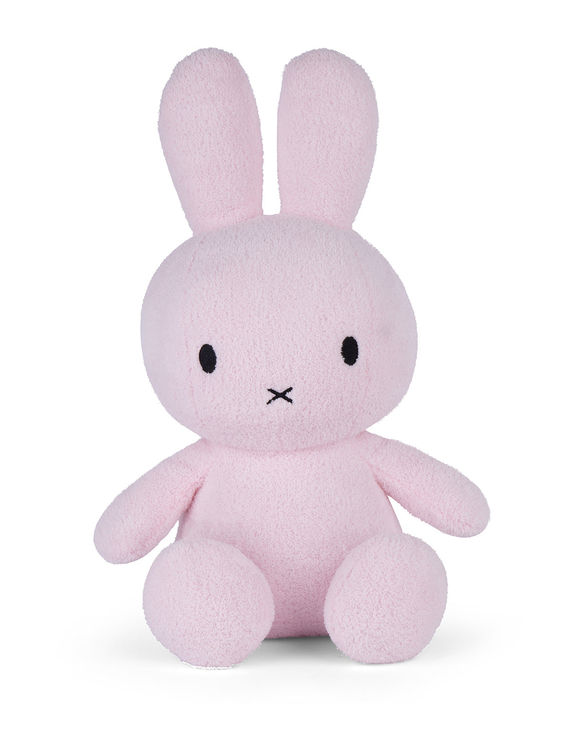 Pink plush bunny toy on a white background