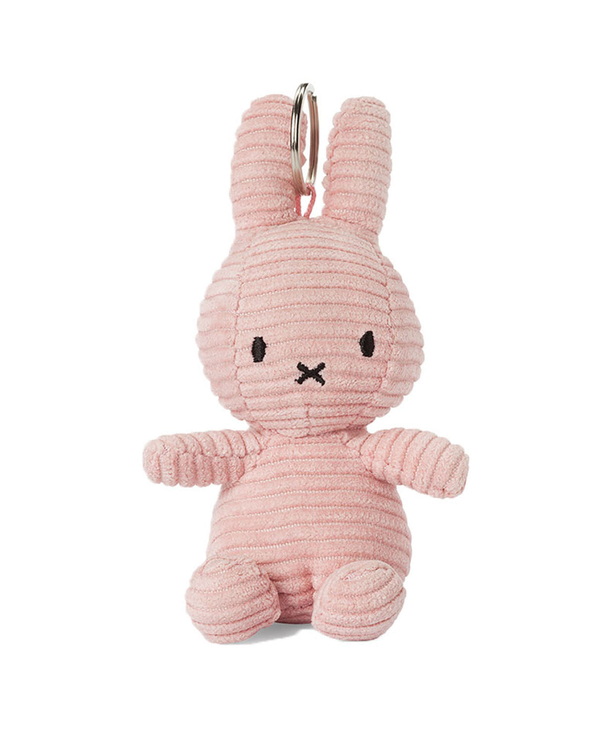 Pink plush bunny keychain on a white background
