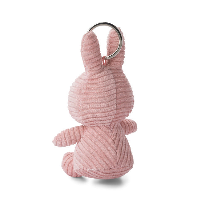 Pink plush bunny keychain on a white background