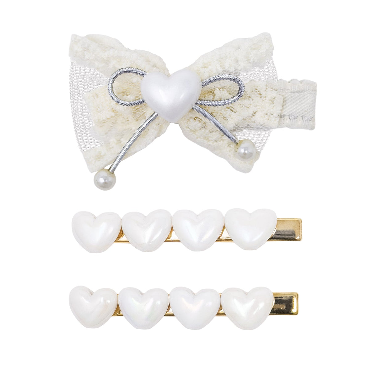 A hair accessory set featuring a white lace bow hair clip with a central white heart and silver ribbon bow, accompanied by two white heart-shaped pearl hair pins with gold metal bases, all displayed on a clean white background.