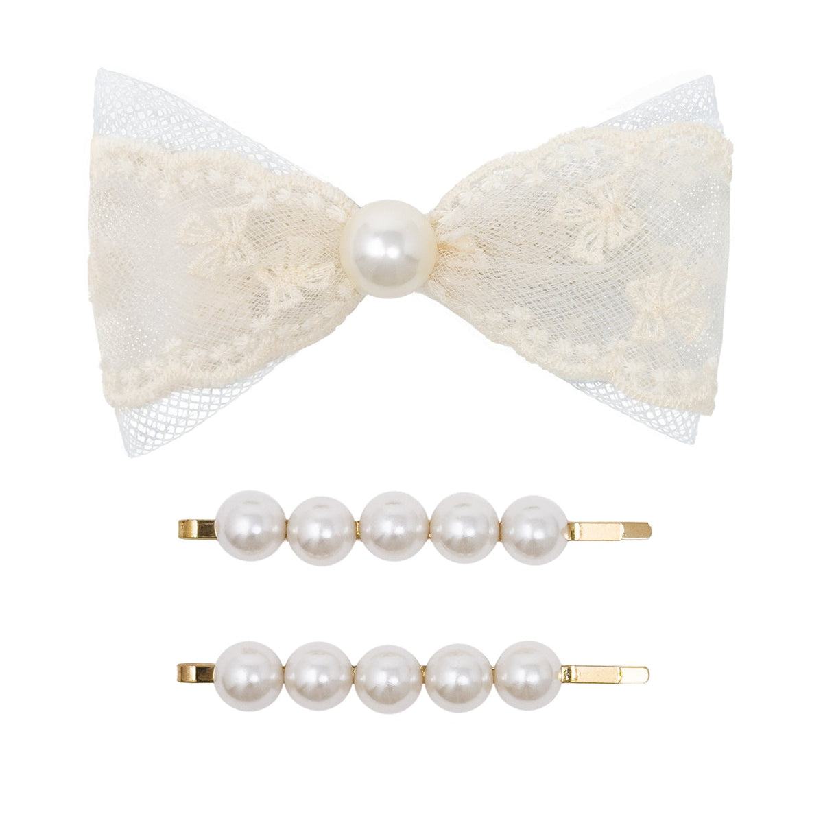 A hair accessory set featuring a cream lace and mesh bow with a central pearl, accompanied by two gold-tone bobby pins decorated with five white faux pearls each, on a solid white background.