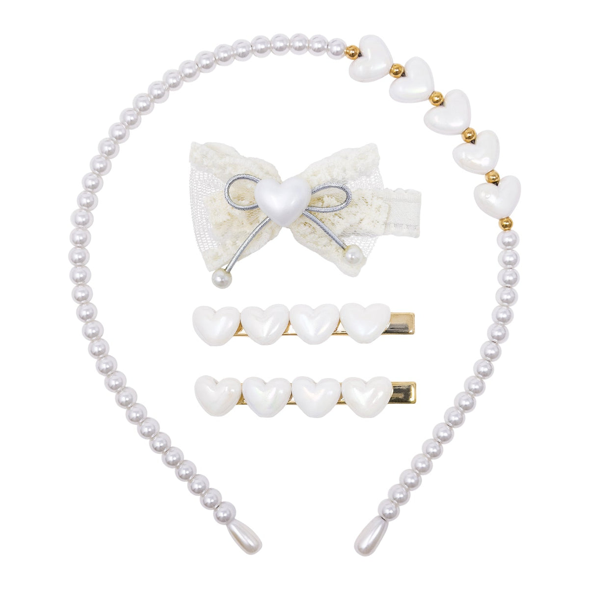 A hair accessory set featuring a pearl-bead headband with white heart-shaped beads and gold accents, a white lace bow hair clip with a pearl center, and two white heart-barrette hair clips with gold metal bases, all arranged on a plain white background.