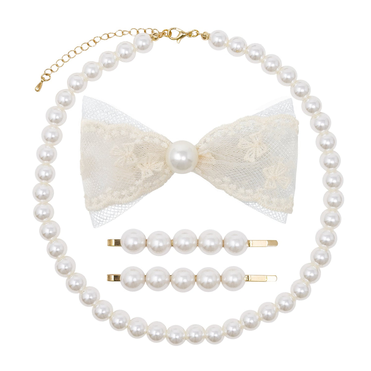 A pearl-themed hair accessory set featuring a long pearl necklace with a gold chain extender, a cream lace bow with a central pearl, two pearl-barrel hair clips with gold metal ends, and two matching pearl hair pins, all arranged on a solid white background.