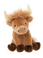 Plush toy of a brown cow with horns on a white background