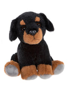 Plush toy resembling a Rottweiler on a white background