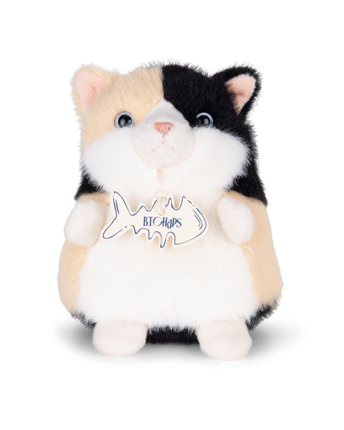 Plush toy cat with a 'BICHOPS' sign on a white background