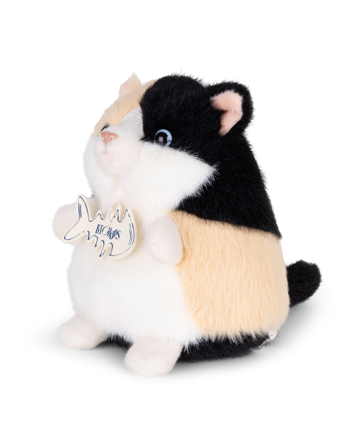 Plush toy of a black and white cat with a heart-shaped tag on a white background