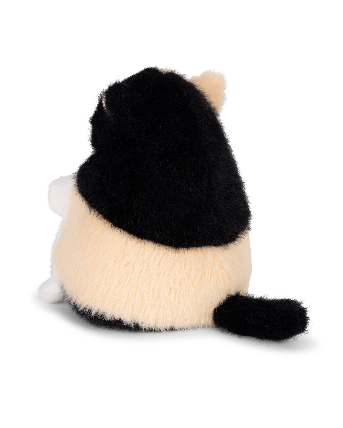 Stuffed animal toy shaped like a cat with black and white fur on a white background