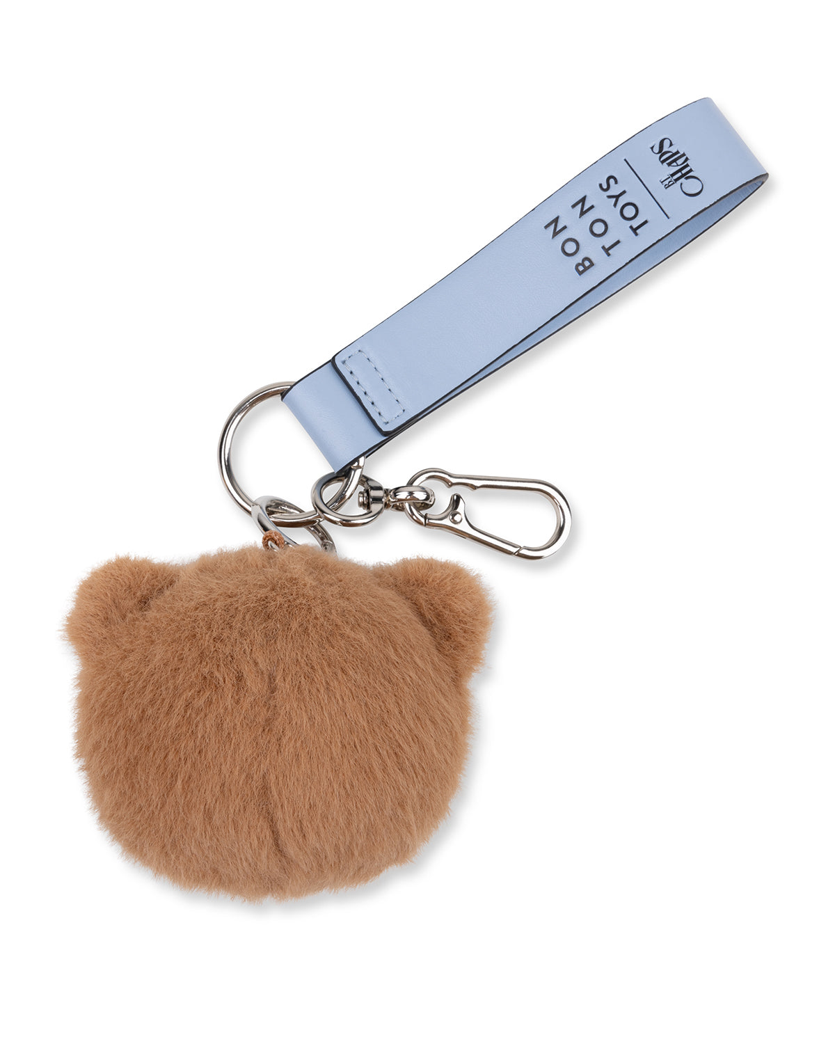 Brown fluffy keychain with a blue strap on a white background