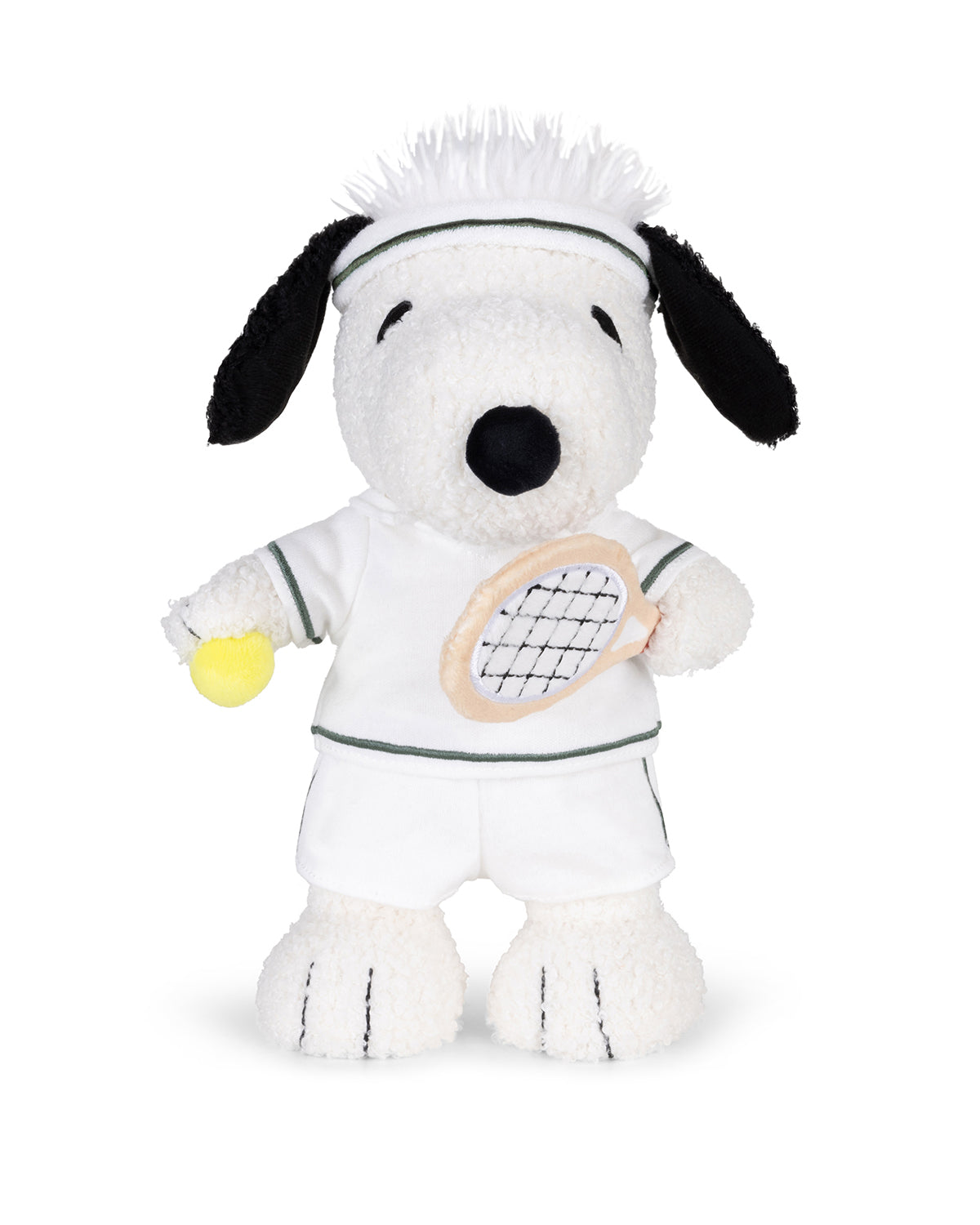 Stuffed Snoopy dog toy in tennis attire.
