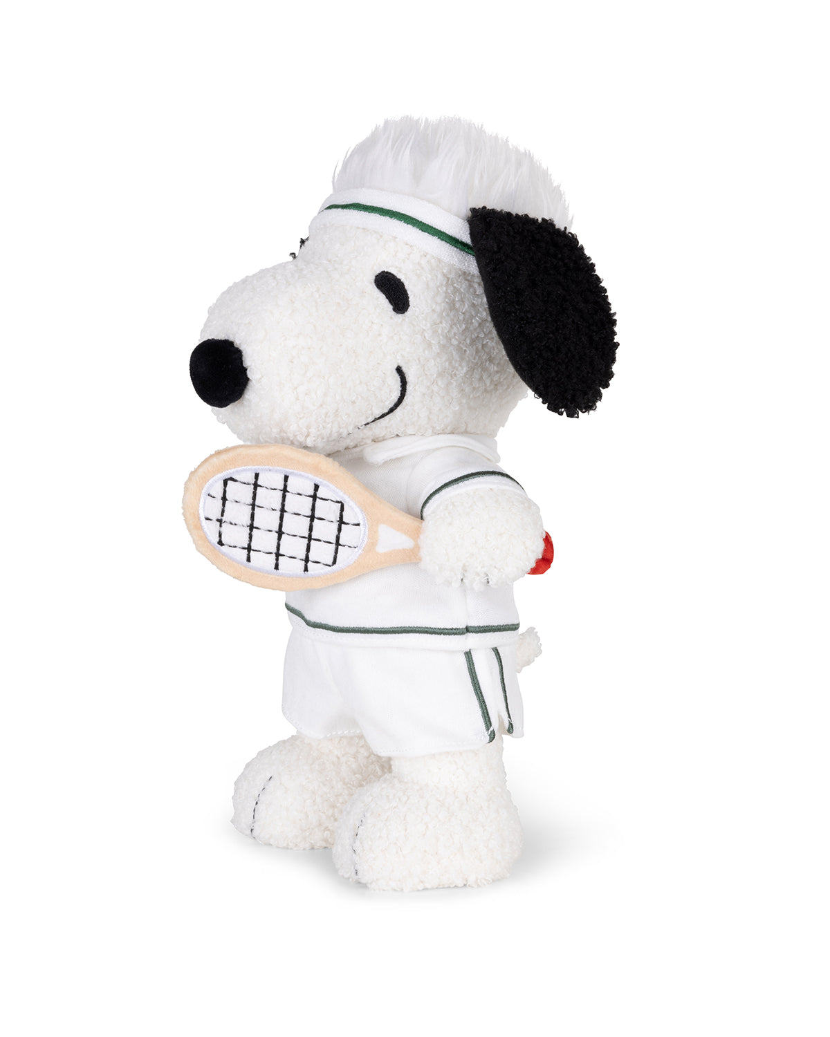 Plush Snoopy toy in white tennis outfit with racket.