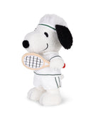 Plush Snoopy toy in white tennis outfit with racket.