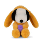 Plush toy resembling a dog with a purple heart on a white background