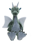Plush dragon toy with green body and gray wings on a white background