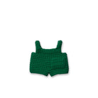 Crocheted green shorts with suspenders.
