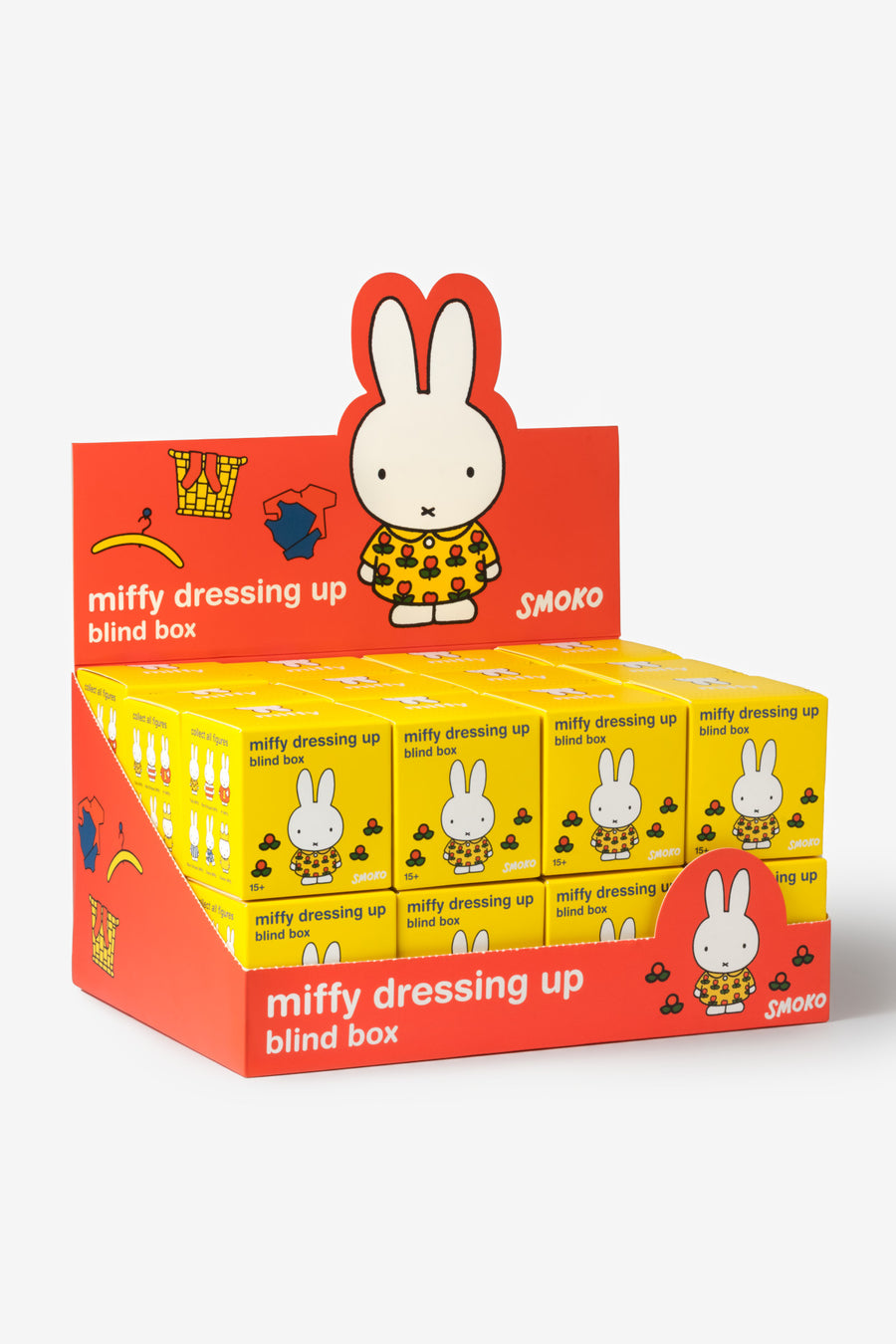 Miffy dressing up blind box packaging with red and yellow design on a white background