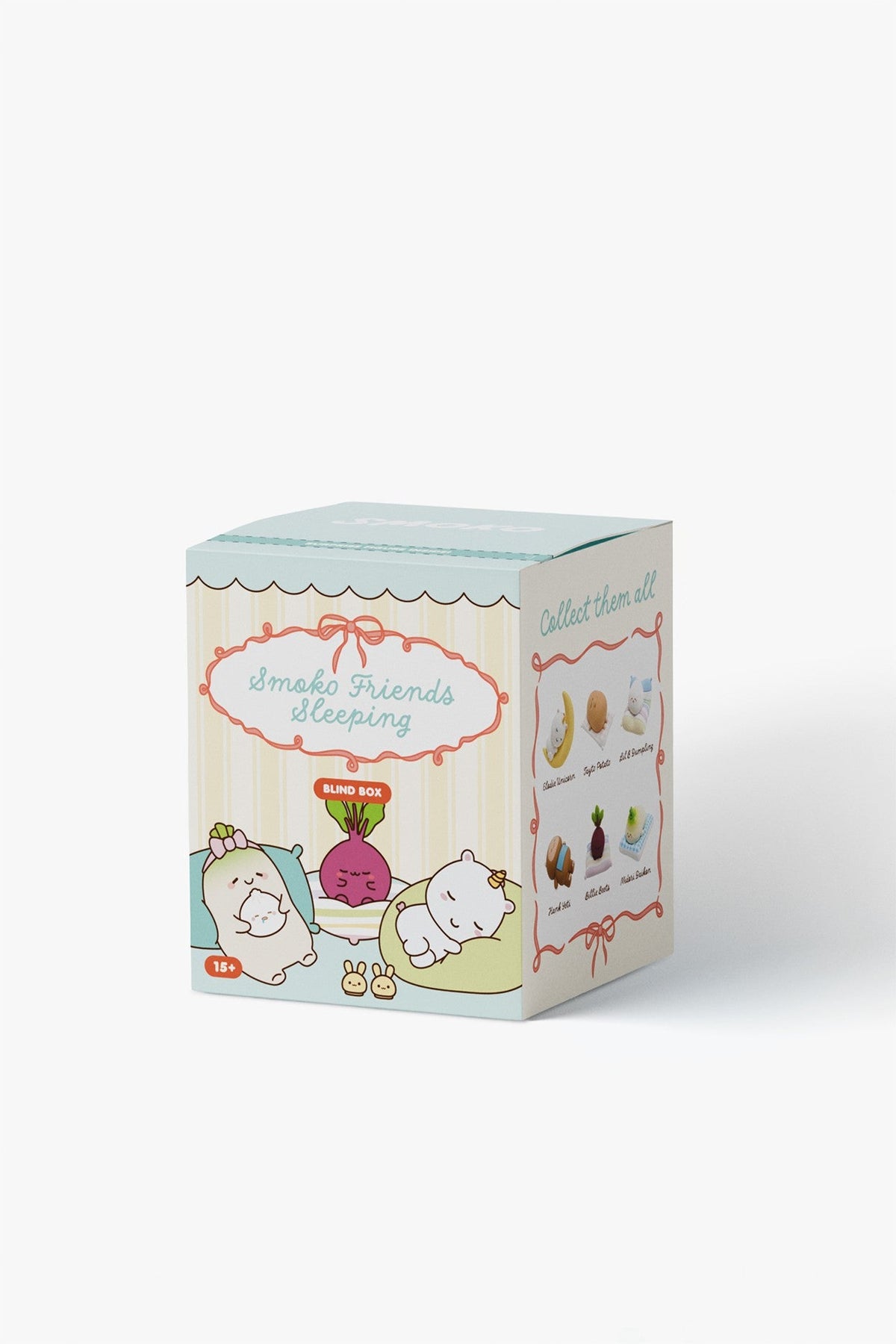 Smoko Friends Sleeping blind box figure by Smoko, pastel-colored cube packaging with sleeping cartoon characters, collectible series display, front and side view.